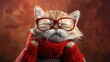 Red grumpy cat in red glasses and a red knitted sweater does not want to wear a warm winter sweater, spring is coming, the warmth will come