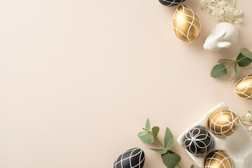 Wall Mural - Easter upscale aesthetic: top view shot of sophisticated black and gold eggs in a ceramic dish, bunny statue, eucalyptus branches, gypsophila blooms, on a pastel beige canvas, with space for copy