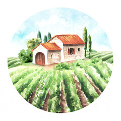 Wall Mural - Landscape with vineyard and Tuscan house, Hand drawn watercolor illustration