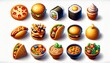 Colorful Illustrated Assortment of Classic Comfort Foods from Around the World. Set of Icons emoji style