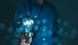 © Supatman - Using AI to help with business and daily life. Businessman holding lightbulb of AI and artificial intelligence automation with digital technology icon. Connect with information intelligent technology.