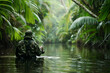 Stealthy jungle fishing: Camouflaged angler in dense rainforest river