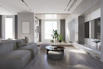 Wall Mural - The modern luxury interior of the living room is bright and clean. 3D illustration