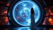 Woman standing next to futuristic iluminator with space outside, neon and plazma blue textures