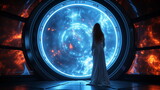 Fototapeta  - Woman standing next to futuristic iluminator with space outside, neon and plazma blue textures