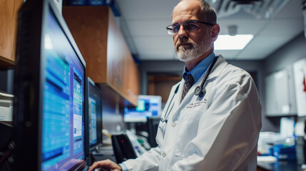 Wall Mural - A doctor stands upright in front of a computer monitor screen seriously, studying data and analyzing patient test results, Ai Generated Images