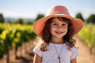 Wall Mural - Portrait of a cute little girl in a straw hat on the background of a wheat field.