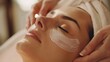 Elegant woman applying skin products on skin, facial products, hydra facial, skincare, cosmetics.