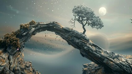 Wall Mural - a tree that grows on rocks on the edge of a cliff. Seamless looping time-lapse virtual 4k video animation background