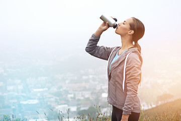 Canvas Print - Fitness, woman and drinking water outdoor after training, workout or exercise in winter by fog. Bottle, hydration and thirsty person with liquid in nature for body health or nutrition on mockup space