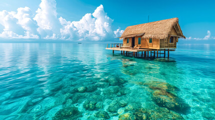 Secluded Overwater Hut in Serene Tropics. A solitary overwater hut with a thatched roof in the clear tropical waters.