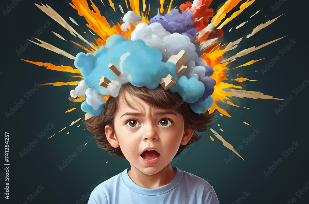 Overload Brain Exploding Image Portrait of child head with explosion in head symbolizing brain ...