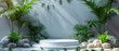 A serene 3D rendered image featuring a white cylindrical pedestal amidst lush tropical foliage and rocks, with a smooth waterfall backdrop casting soft shadows and providing a tranquil atmosphere.