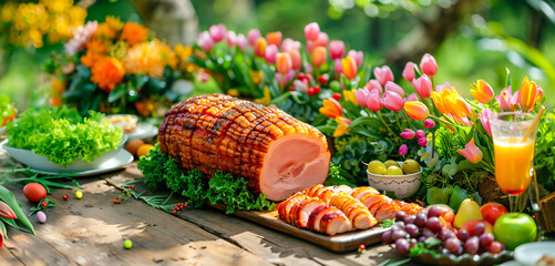 Wall Mural - Festive Easter Brunch Spread with Glazed Ham, easter eggs, salads, assorted appetizers and  spring flowers in garden