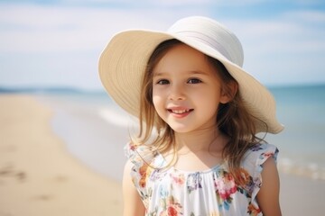 Portrait of a cute little girl on the beach at summer day