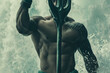 A close-up of Poseidon's strong and muscular arms as he raises his trident high above his head, ready to unleash his wrath, photo