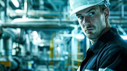 Poster - Focused engineer in a hard hat and safety glasses at an industrial plant, holding a tablet.