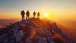 © photolas - Group of Hikers Standing on Mountain Peak at Sunrise Celebrating Team Success