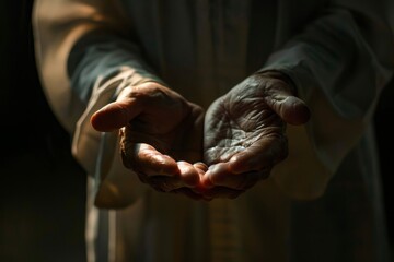 Hands of a priest consecrated with the body of Christ while sharing it with communicants