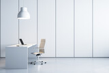 Fototapeta Panele - Sleek office interior with white desk, chair, and pendant lamp. Corporate design. 3D Rendering