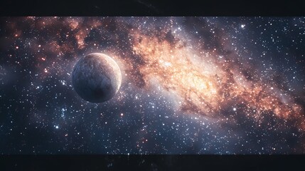 Wall Mural - Environmental planet orbit, Through the depths of space, a delicate planet orbits peacefully, surrounded by shimmering stardust and distant galaxies