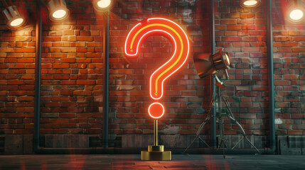 Neon sign in form of a question mark on a wall background representing questions session backdrop