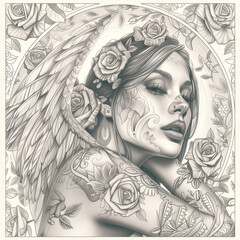 Sticker - Template of design art for t-shirt. beautiful woman in chicano style.