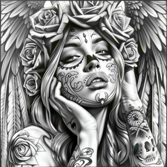 Wall Mural - Tattoo style portrait of chicano girl. beautiful woman with tattoo