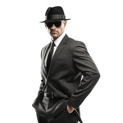 Wall Mural - Man in a suit. Man Dressed as Spy, isolated on white and transparent background. Ideal for use in advertising. Generative ai