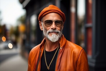 Wall Mural - Portrait of a senior hipster man wearing a hat and sunglasses