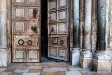 Old Wooden Doors, Entrance To The Church Of The Holy Sepulcher, Jerusalem, Israel 