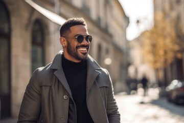 Poster - Handsome young man in sunglasses is smiling and looking away while standing on the street