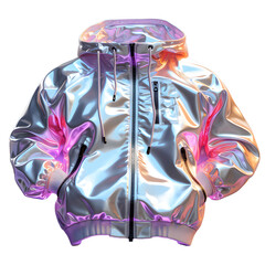 Wall Mural - Colorful Holographic Chrome Jacket Isolated on White Background. Iridescent Metallic Hoodie