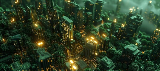 Wall Mural - lighted electrical circuit board showing trees and cities