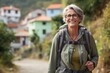 Portrait of smiling senior woman with backpack standing on country road.