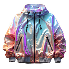 Wall Mural - Colorful Holographic Chrome Jacket Isolated on White Background. Iridescent Metallic Hoodie