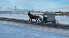 Aerial Tracking Shot Of Horse Drawn Carriage In Amish Country With Snow In Winter. Aerial Orbit Shot Of Horse And Buggy.