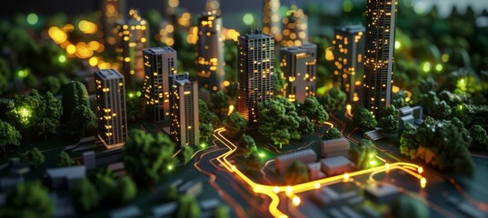 Poster - lighted electrical circuit board showing trees and cities