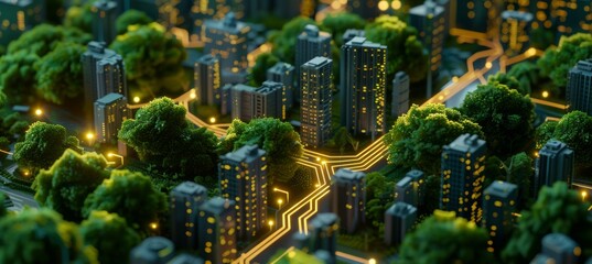 Poster - lighted electrical circuit board showing trees and cities