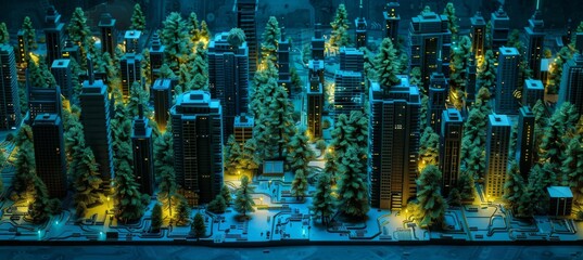 Poster - lighted electrical circuit board showing trees and cities