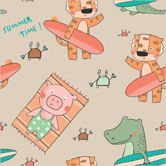 Wall Mural - Cute colorful pig crocodile tiger crab surf and summer beach animals  seamless print pattern graphic tee design for kids market as vector