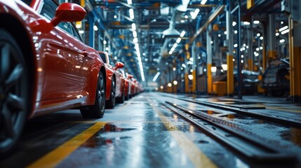 Naklejka na meble Sleek Cars Lined Up in Modern Automotive Production Facility