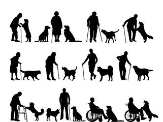 Elderly senior with walking aid and wheelchair accompanied by dogs silhouette set vector collection.