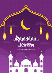 Islamic Ramadan celebration purple template poster design with mosque, and lanterns. Ramadan frame background vector illustration