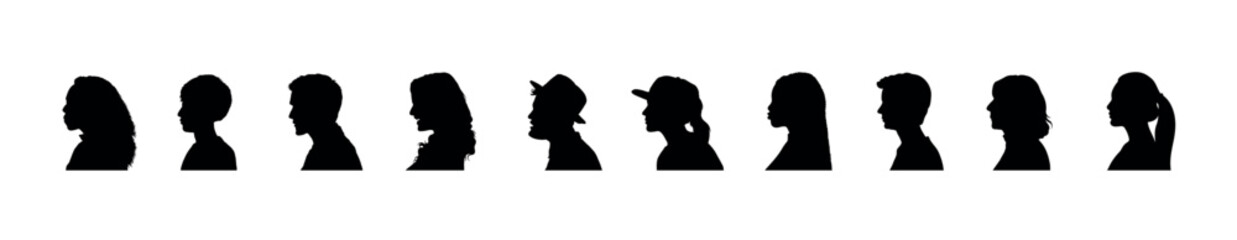 Wall Mural - Man and woman faces profile side view vector black silhouette set.