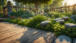 3D Hintergrund Holz Fläche für Produkte Terasse Vorlage Untergrund mit Stein und Pflanzen grün mit Sonne Strahlen Schein Licht Reflektion ruhig sommerlich sommer umwelt- garten- park Landschaft Blumen