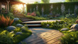 3D Hintergrund Holz Fläche für Produkte Terasse Vorlage Untergrund mit Stein und Pflanzen grün mit Sonne Strahlen Schein Licht Reflektion ruhig sommerlich sommer umwelt- garten- park Landschaft Blumen