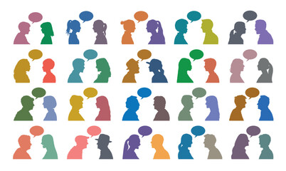 Wall Mural - Human face profile side view in pairs facing each other with speech bubble black silhouette set collection.