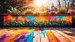 Hintergrund Holz Fläche Produkte Terasse Vorlage Untergrund mit bunten Farben kreatives Graffiti Pflanzen grün Sonne Strahlen Schein Licht Reflektion sommerlich Sommer Park Blumen