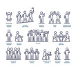 © VectorMine - People basic positions and movement postures in outline icons collection set. Labeled elements list with different jumping, waving, standing or group interaction moments vector illustration.
